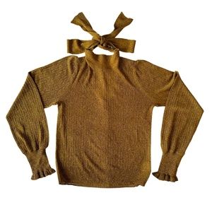 White + Warren Small Brown Metallic Long Sleeve Reversible Tie Neck Top